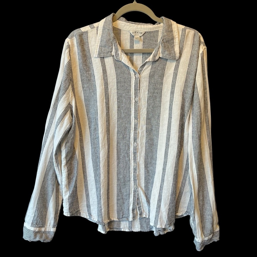 Orvis button up shirt XXL White striped Linen Rayon Long sleeves Womens top